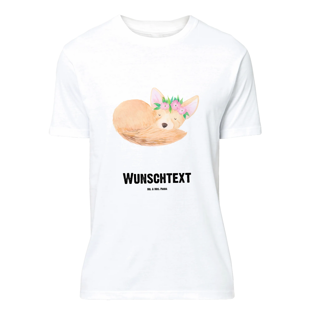 Personalisiertes T-Shirt Wüstenfuchs Blumenkranz T-Shirt Personalisiert, T-Shirt mit Namen, T-Shirt mit Aufruck, Männer, Frauen, Wunschtext, Bedrucken, Afrika, Wildtiere, Wüste, Wüstenfuchs, Blumen, Blumenkranz, Glücklich