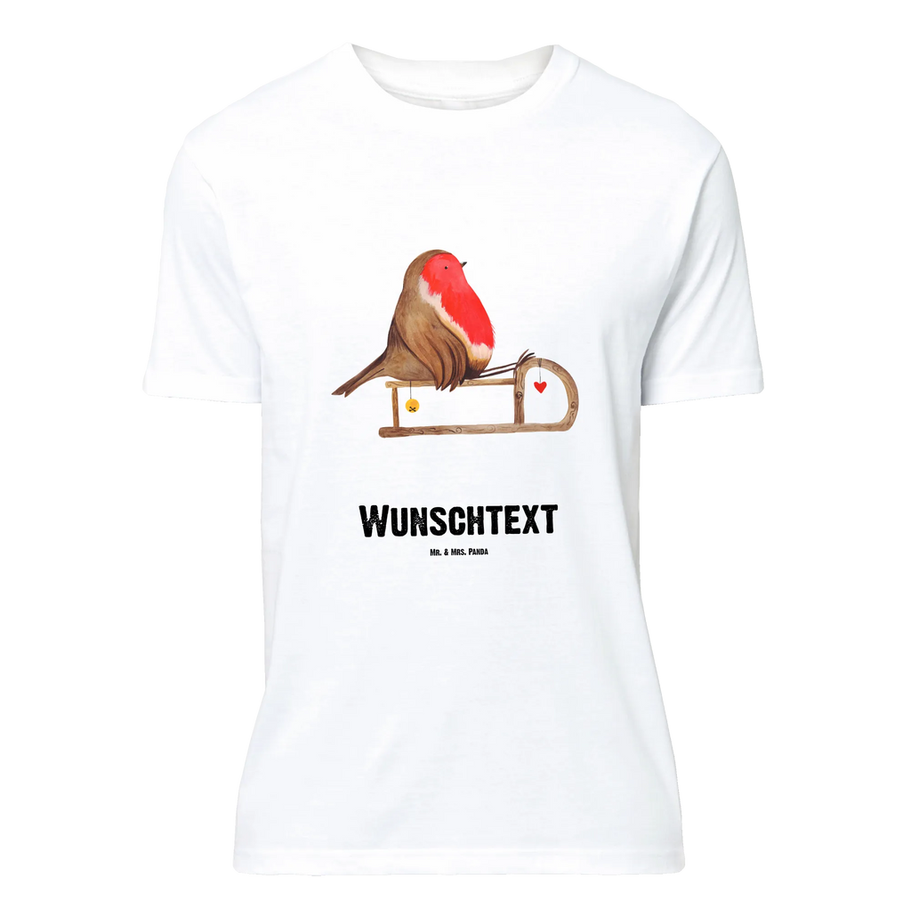 Personalisiertes T-Shirt Rotkehlchen Schlitten T-Shirt Personalisiert, T-Shirt mit Namen, T-Shirt mit Aufruck, Männer, Frauen, Wunschtext, Bedrucken, Winter, Weihnachten, Weihnachtsdeko, Nikolaus, Advent, Heiligabend, Wintermotiv, Schlitten, Vogel