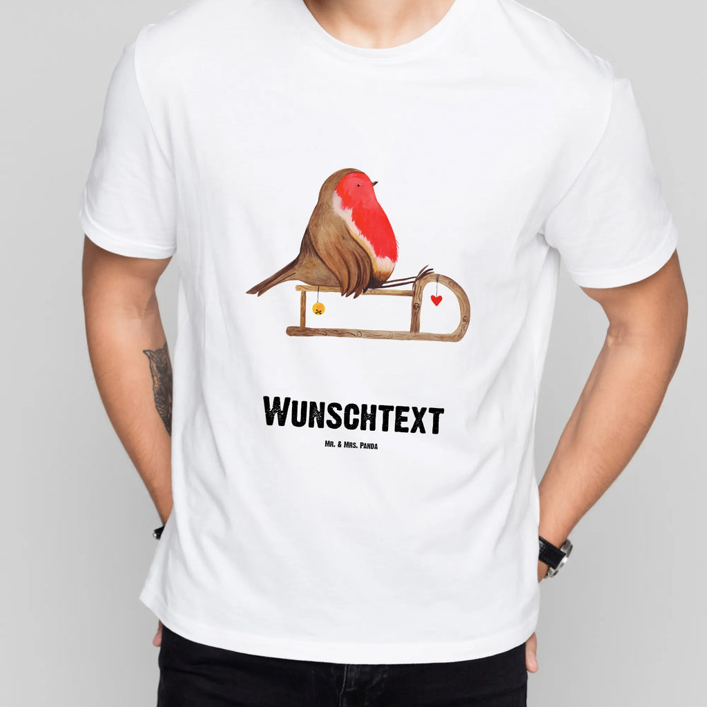 Personalisiertes T-Shirt Rotkehlchen Schlitten T-Shirt Personalisiert, T-Shirt mit Namen, T-Shirt mit Aufruck, Männer, Frauen, Wunschtext, Bedrucken, Winter, Weihnachten, Weihnachtsdeko, Nikolaus, Advent, Heiligabend, Wintermotiv, Schlitten, Vogel