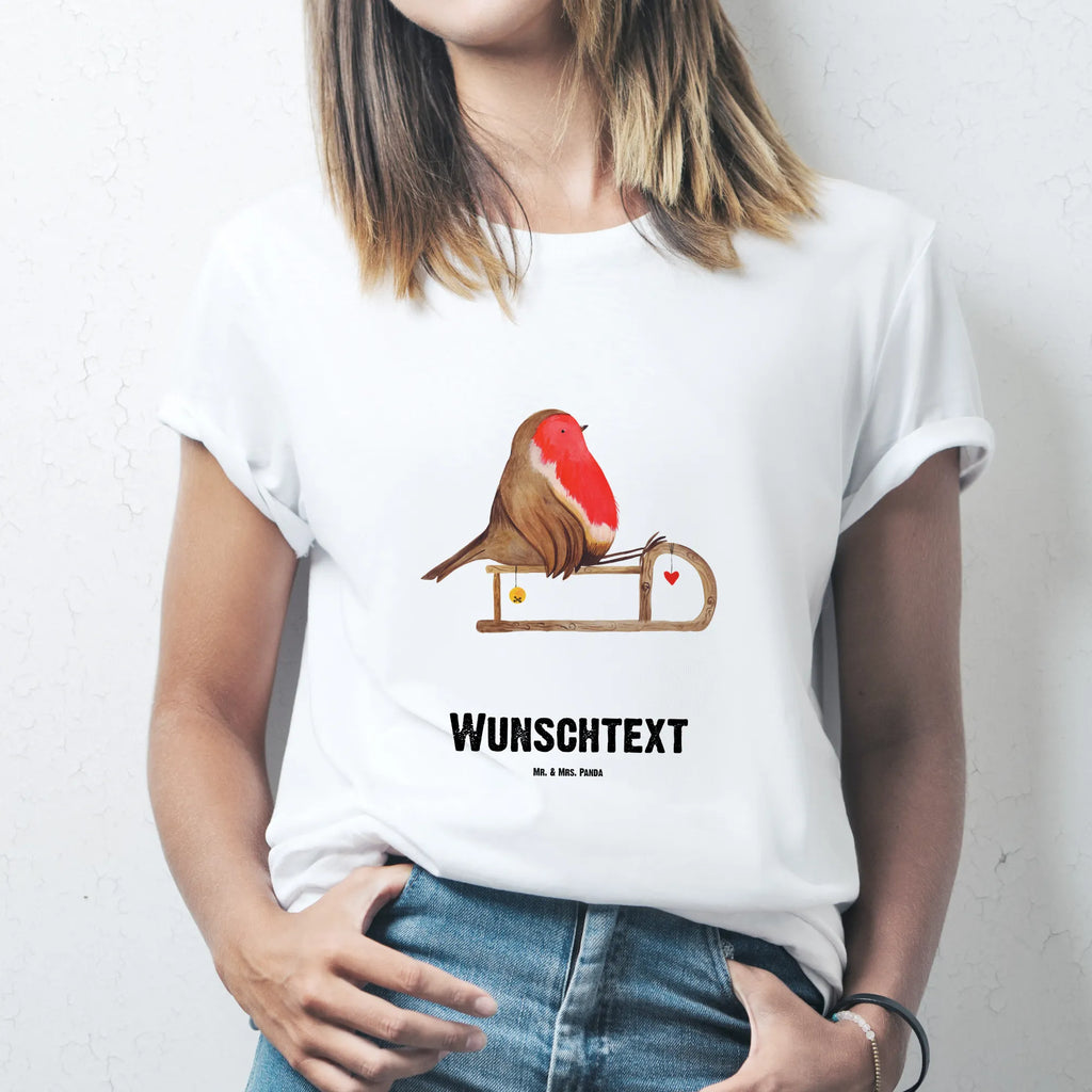 Personalisiertes T-Shirt Rotkehlchen Schlitten T-Shirt Personalisiert, T-Shirt mit Namen, T-Shirt mit Aufruck, Männer, Frauen, Wunschtext, Bedrucken, Winter, Weihnachten, Weihnachtsdeko, Nikolaus, Advent, Heiligabend, Wintermotiv, Schlitten, Vogel