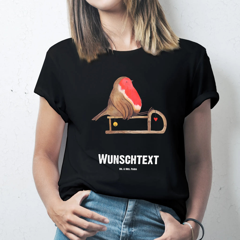 Personalisiertes T-Shirt Rotkehlchen Schlitten T-Shirt Personalisiert, T-Shirt mit Namen, T-Shirt mit Aufruck, Männer, Frauen, Wunschtext, Bedrucken, Winter, Weihnachten, Weihnachtsdeko, Nikolaus, Advent, Heiligabend, Wintermotiv, Schlitten, Vogel