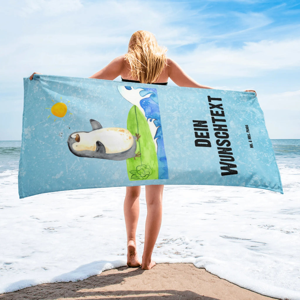 Handtuch mit Namen Pinguin Surfer Personalisiertes Badehandtuch, Handtuch personalisiert, Handtuch mit Namen, Badetuch personalisiert, Handtuch bedrucken, Saunatuch mit Namen, Handtuch Geschenk, Pinguin, Pinguine, surfen, Surfer, Hawaii, Urlaub, Wellen, Wellen reiten, Portugal