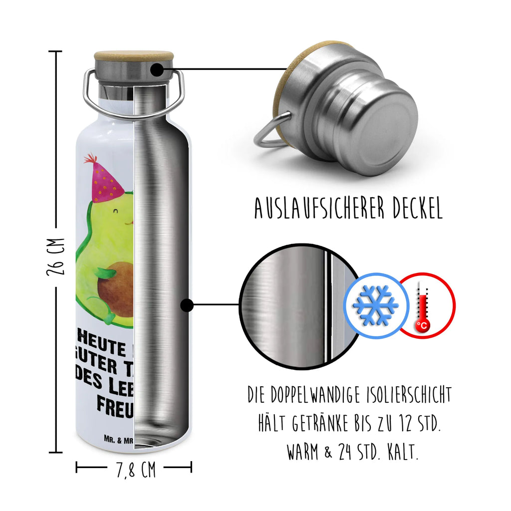 Trinkflasche Avocado Feier Thermosflasche, Isolierflasche, Edelstahl, Trinkflasche, isoliert, Wamrhaltefunktion, Sportflasche, Flasche zum Sport, Sportlerflasche, Avocado, Veggie, Vegan, Gesund, Party, Feierlichkeit, Feier, Fete, Geburtstag, Gute Laune, Tröte