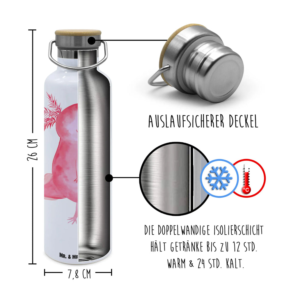 Trinkflasche Axolotl Glücklich Thermosflasche, Isolierflasche, Edelstahl, Trinkflasche, isoliert, Wamrhaltefunktion, Sportflasche, Flasche zum Sport, Sportlerflasche, Axolotl, Molch, Axolot, Schwanzlurch, Lurch, Lurche, Motivation, gute Laune