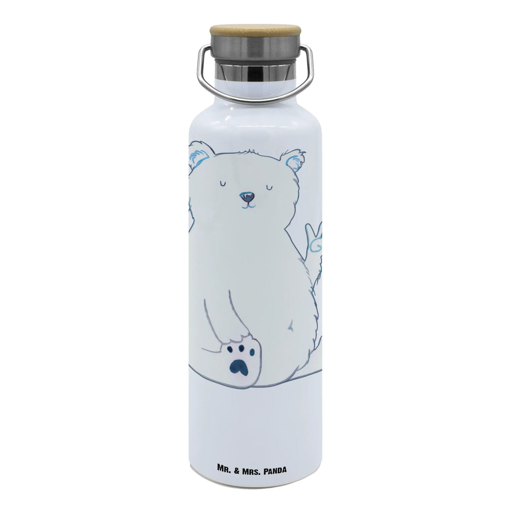 Trinkflasche Eisbär Faul Thermosflasche, Isolierflasche, Edelstahl, Trinkflasche, isoliert, Wamrhaltefunktion, Sportflasche, Flasche zum Sport, Sportlerflasche, Bär, Teddy, Teddybär, Eisbär, Nordpol, Faul, Entspannen, Relaxen, Büro, Arbeit, Bürojob, Arbeitsplatz, Homeoffice