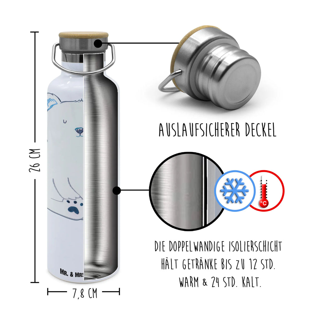 Trinkflasche Eisbär Faul Thermosflasche, Isolierflasche, Edelstahl, Trinkflasche, isoliert, Wamrhaltefunktion, Sportflasche, Flasche zum Sport, Sportlerflasche, Bär, Teddy, Teddybär, Eisbär, Nordpol, Faul, Entspannen, Relaxen, Büro, Arbeit, Bürojob, Arbeitsplatz, Homeoffice