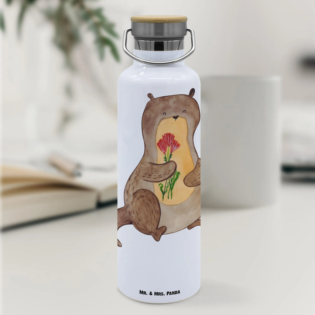 Trinkflasche Otter Blumenstrauß Thermosflasche, Isolierflasche, Edelstahl, Trinkflasche, isoliert, Wamrhaltefunktion, Sportflasche, Flasche zum Sport, Sportlerflasche, Otter, Fischotter, Seeotter, Otter Seeotter See Otter