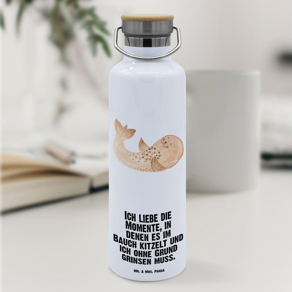 Trinkflasche Robbe Liegen Thermosflasche, Isolierflasche, Edelstahl, Trinkflasche, isoliert, Wamrhaltefunktion, Sportflasche, Flasche zum Sport, Sportlerflasche, Tiermotive, Gute Laune, lustige Sprüche, Tiere, Robbe, Robben, Seehund, Strand, Meerestier, Ostsee, Nordsee, Lachen, Freude