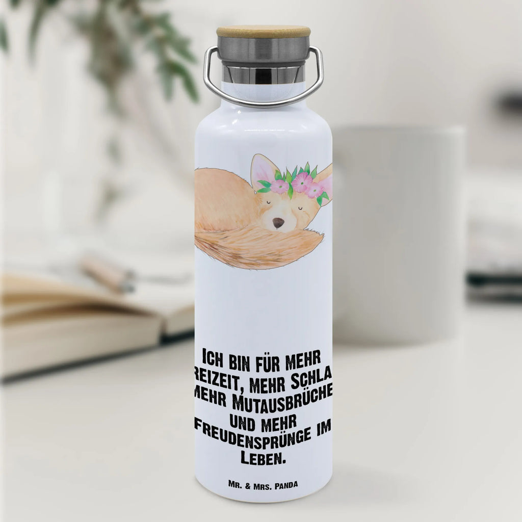 Trinkflasche Wüstenfuchs Blumen Thermosflasche, Isolierflasche, Edelstahl, Trinkflasche, isoliert, Wamrhaltefunktion, Sportflasche, Flasche zum Sport, Sportlerflasche, Afrika, Wildtiere, Wüste, Wüstenfuchs, Blumen, Blumenkranz, Glücklich