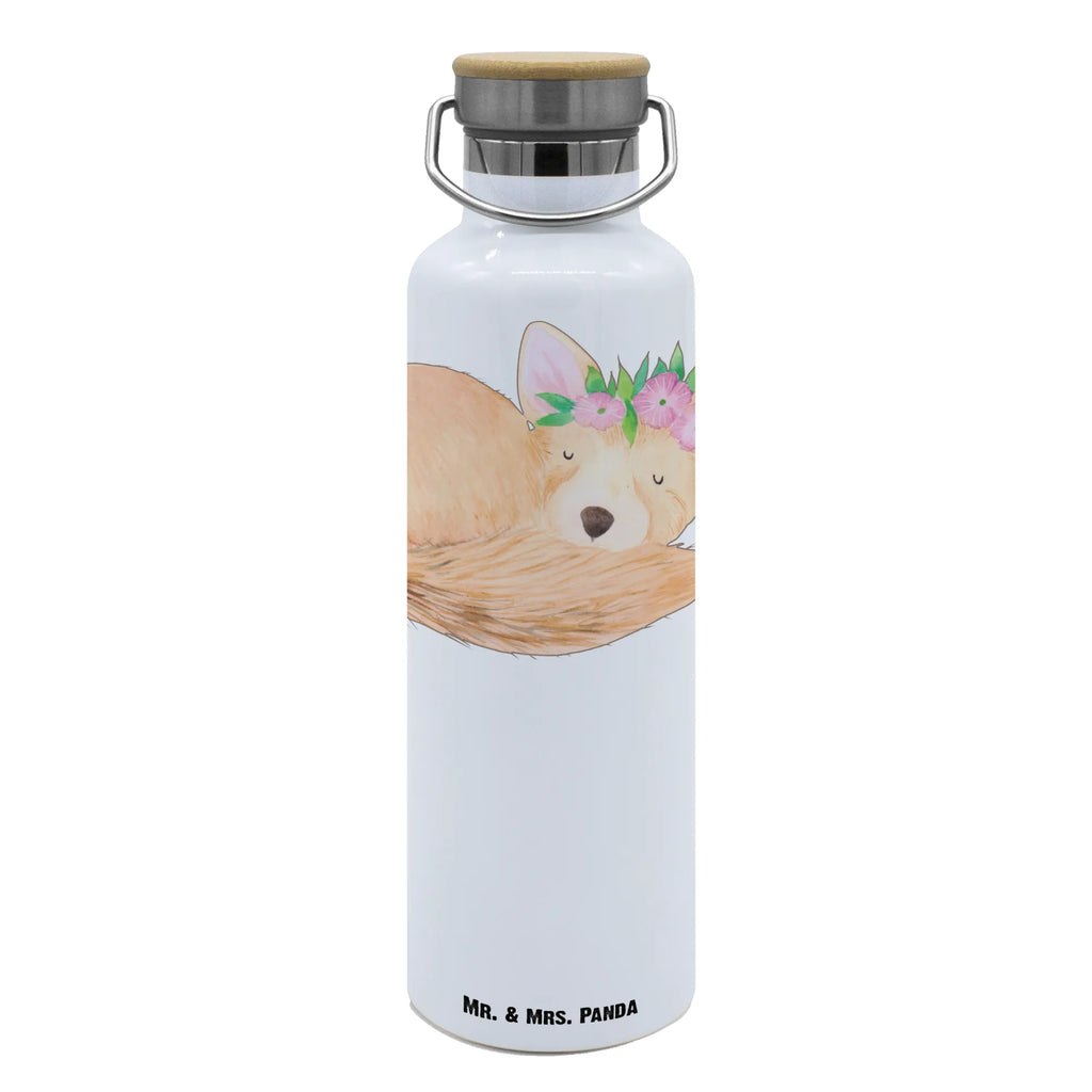 Trinkflasche Wüstenfuchs Blumen Thermosflasche, Isolierflasche, Edelstahl, Trinkflasche, isoliert, Wamrhaltefunktion, Sportflasche, Flasche zum Sport, Sportlerflasche, Afrika, Wildtiere, Wüste, Wüstenfuchs, Blumen, Blumenkranz, Glücklich