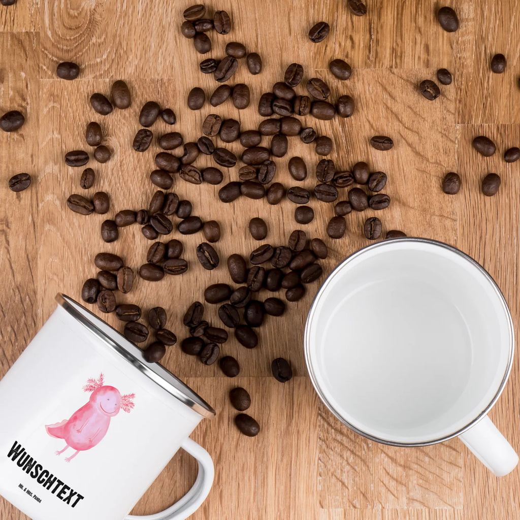 Personalisierte Emaille Tasse Axolotl glücklich Emaille Tasse personalisiert, Emaille Tasse mit Namen, Campingtasse personalisiert, Namenstasse, Campingtasse bedrucken, Campinggeschirr personalsisert, tasse mit namen, personalisierte tassen, personalisierte tasse, tasse selbst gestalten, tasse bedrucken, tassen bedrucken, Axolotl, Molch, Axolot, Schwanzlurch, Lurch, Lurche, Motivation, gute Laune