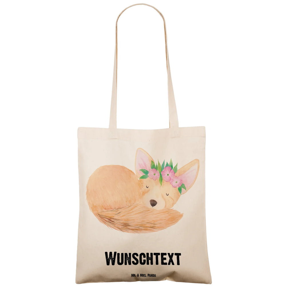 Personalisierte Tragetasche Wüstenfuchs Blumenkranz Personalisierte Beuteltasche, Personalisierter Beutel, Personalisierte Einkaufstasche, Personalisierter Jutebeutel, Personalisierter Stoffbeutel, Tragetasche mit Namen, Einkaufstasche mit Namen, Stoffbeutel mit Namen, Personalisierte Tasche, Personalisierte Jutetasche, Personalisierte Kindergartentasche, Afrika, Wildtiere, Wüste, Wüstenfuchs, Blumen, Blumenkranz, Glücklich