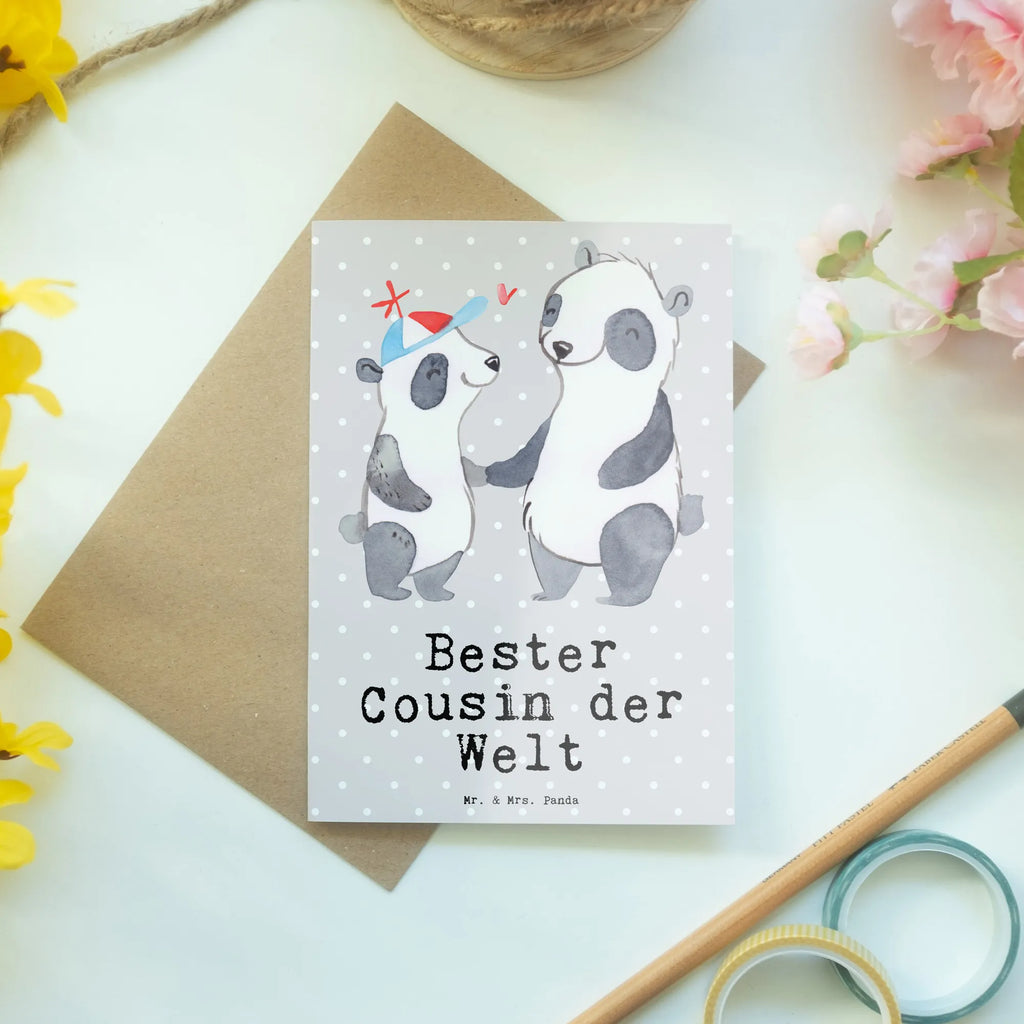 Grußkarte Panda Bester Cousin der Welt Grußkarte, Klappkarte, Einladungskarte, Glückwunschkarte, Hochzeitskarte, Geburtstagskarte, Karte, Ansichtskarten, für, Dankeschön, Geschenk, Schenken, Geburtstag, Geburtstagsgeschenk, Geschenkidee, Danke, Bedanken, Mitbringsel, Freude machen, Geschenktipp, Cousin, Kousin, Vetter, Sohn von Onkel, Sohn von Tante, Familie, Verwandtschaft, Cousine