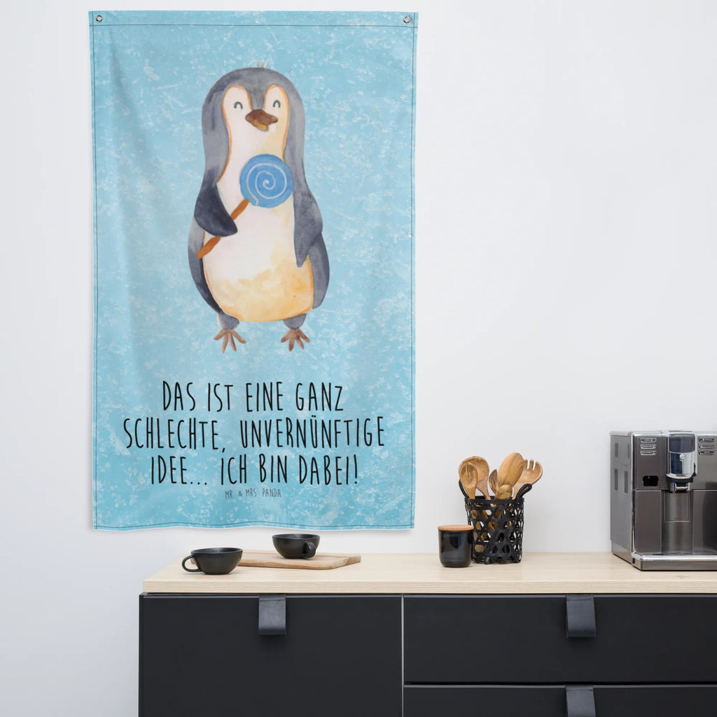 Wandteppich Pinguin Lolli Wandbehang, Dekoration, Boho, Wandteppich, Wandtuch, Wanddeko, Tapisserie, Tapestry, Wandbild, Textil-Kunst, Schmuck-Wandbehang, Wand Deko, Kinderzimmer, Kinderzimmer Wand, Kinderzimmer Deko, Kinderzimmer Wanddeko, Pinguin, Pinguine, Lolli, Süßigkeiten, Blödsinn, Spruch, Rebell, Gauner, Ganove, Rabauke