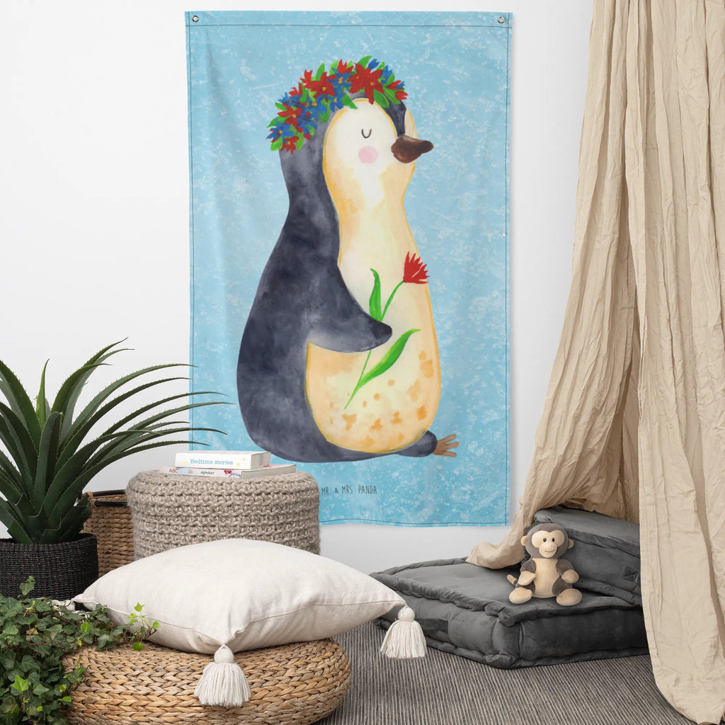 Wandteppich Pinguin Blumenkranz Wandbehang, Dekoration, Boho, Wandteppich, Wandtuch, Wanddeko, Tapisserie, Tapestry, Wandbild, Textil-Kunst, Schmuck-Wandbehang, Wand Deko, Kinderzimmer, Kinderzimmer Wand, Kinderzimmer Deko, Kinderzimmer Wanddeko, Pinguin, Pinguine, Blumenkranz, Universum, Leben, Wünsche, Ziele, Lebensziele, Motivation, Lebenslust, Liebeskummer, Geschenkidee