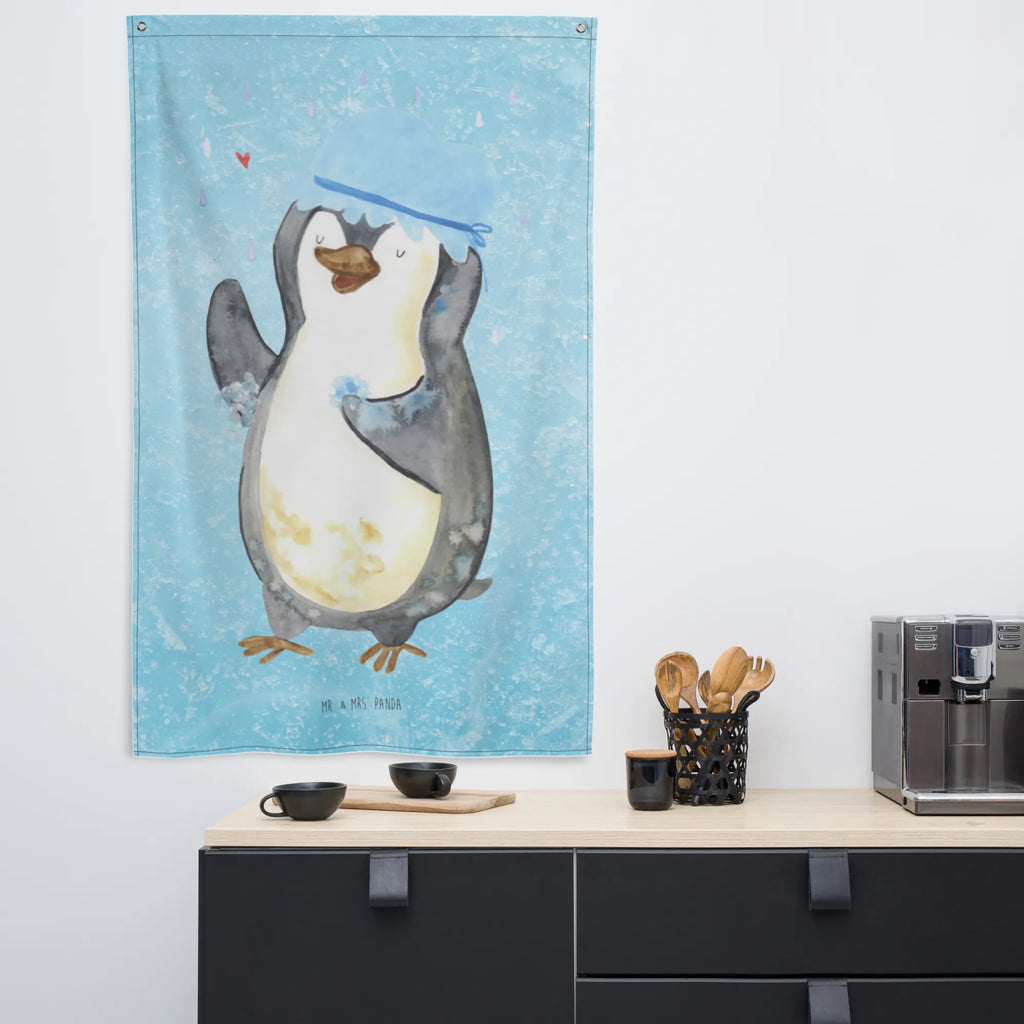 Wandteppich Pinguin duscht Wandbehang, Dekoration, Boho, Wandteppich, Wandtuch, Wanddeko, Tapisserie, Tapestry, Wandbild, Textil-Kunst, Schmuck-Wandbehang, Wand Deko, Kinderzimmer, Kinderzimmer Wand, Kinderzimmer Deko, Kinderzimmer Wanddeko, Pinguin, Pinguine, Dusche, duschen, Lebensmotto, Motivation, Neustart, Neuanfang, glücklich sein