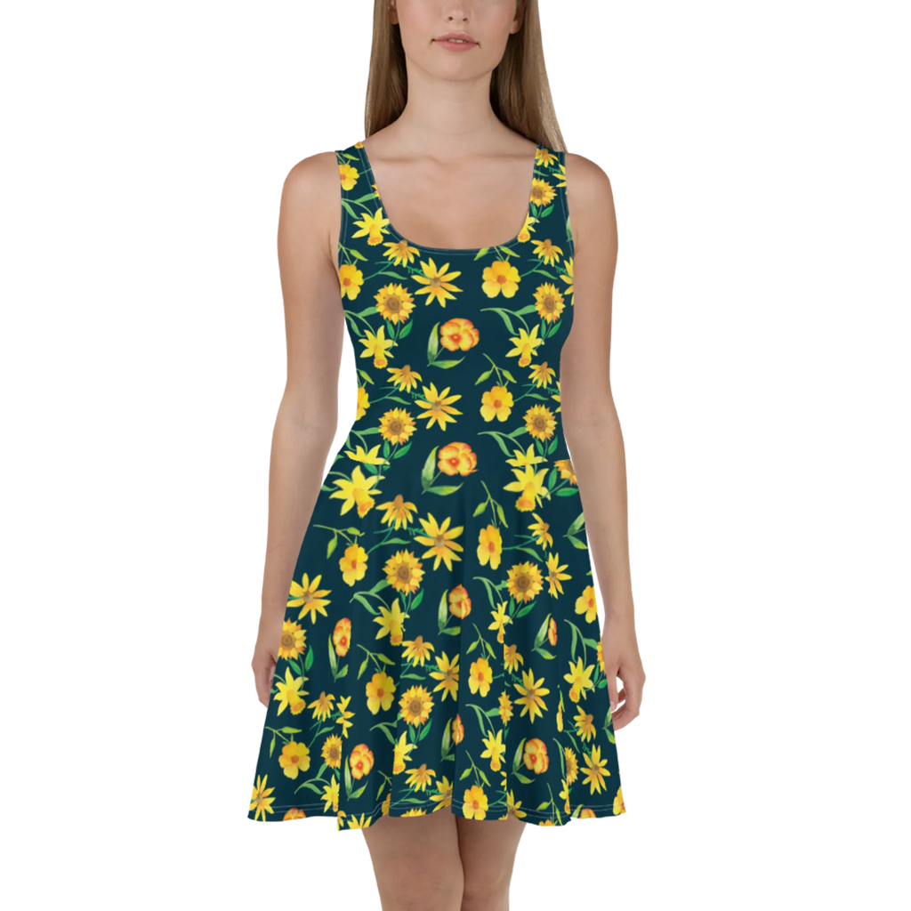 Sommerkleid Sonnengruß Design Sommerkleid, Kleid, Skaterkleid, Muster, Blumen, gelbe Blumen, Sonnenblume, Osterglocke