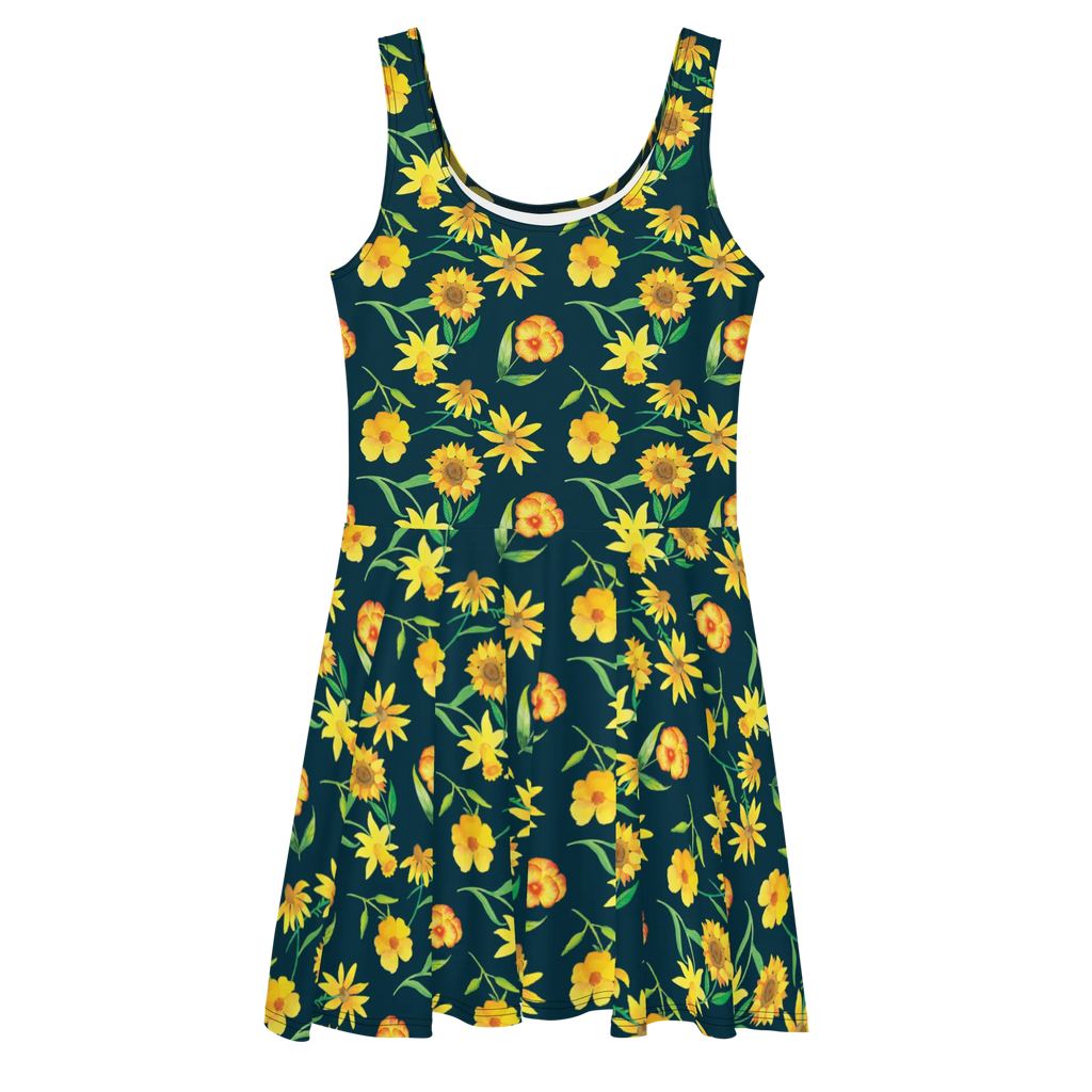 Sommerkleid Sonnengruß Design Sommerkleid, Kleid, Skaterkleid, Muster, Blumen, gelbe Blumen, Sonnenblume, Osterglocke