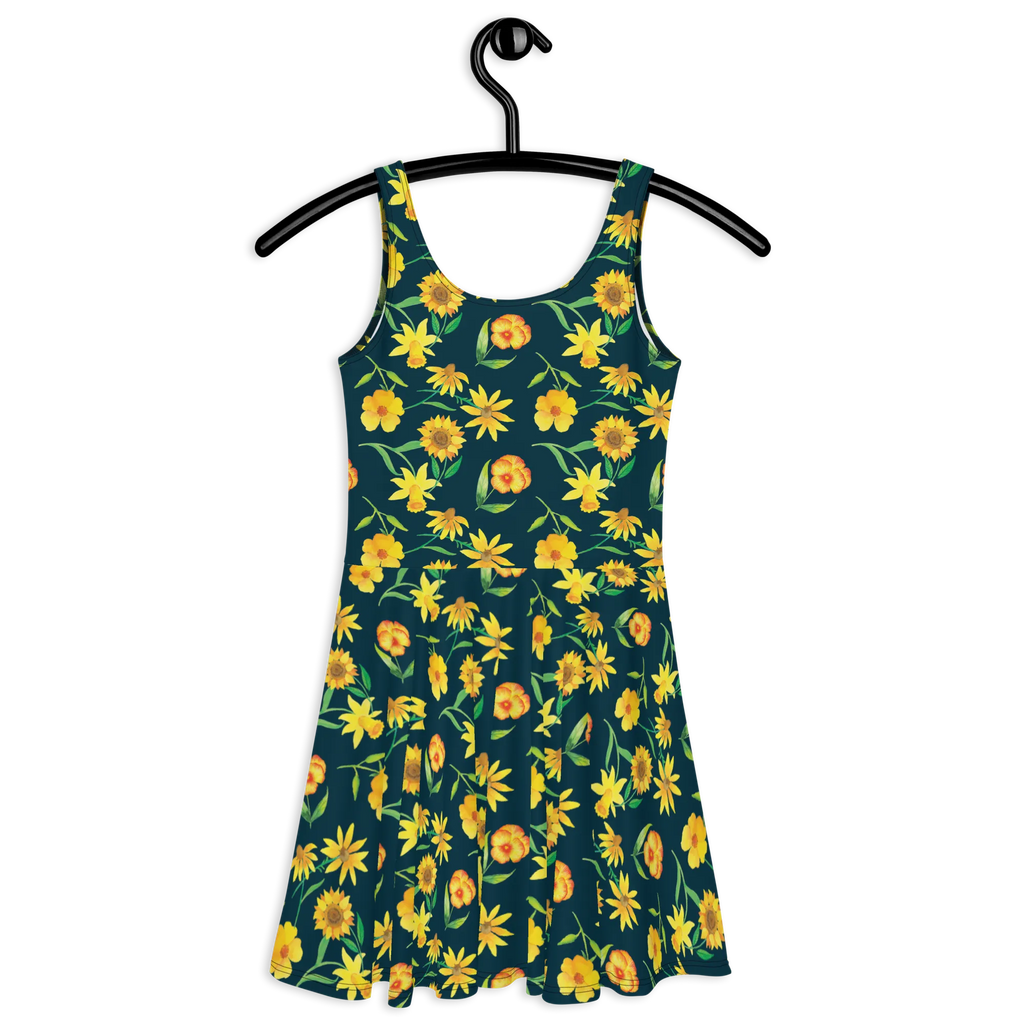 Sommerkleid Sonnengruß Design Sommerkleid, Kleid, Skaterkleid, Muster, Blumen, gelbe Blumen, Sonnenblume, Osterglocke