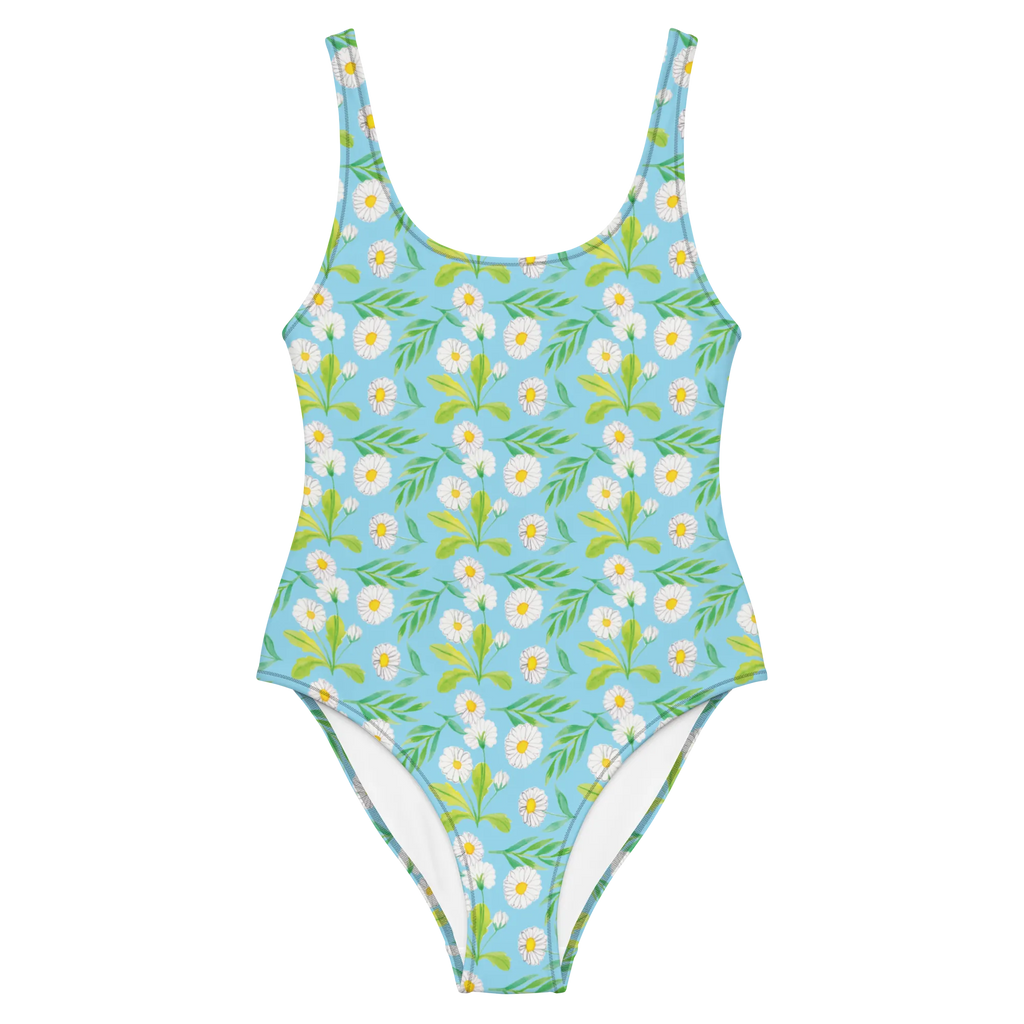 Badeanzug Wiesenzauber Design Badebekleidung, Bademode, Badeanzug, Swimsuit, Rückenfreier Badeanzug, Luxus-Bademode, Aquarell, Blumen, Muster, Gänseblümchen, Blumenwiese, Wiese