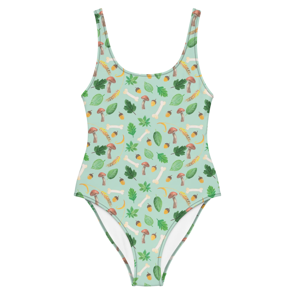 Badeanzug Herbstwald Design Badebekleidung, Bademode, Badeanzug, Swimsuit, Rückenfreier Badeanzug, Luxus-Bademode, Aquarell Muster, Herbst, Wald, Pilze, Blätter, Laub