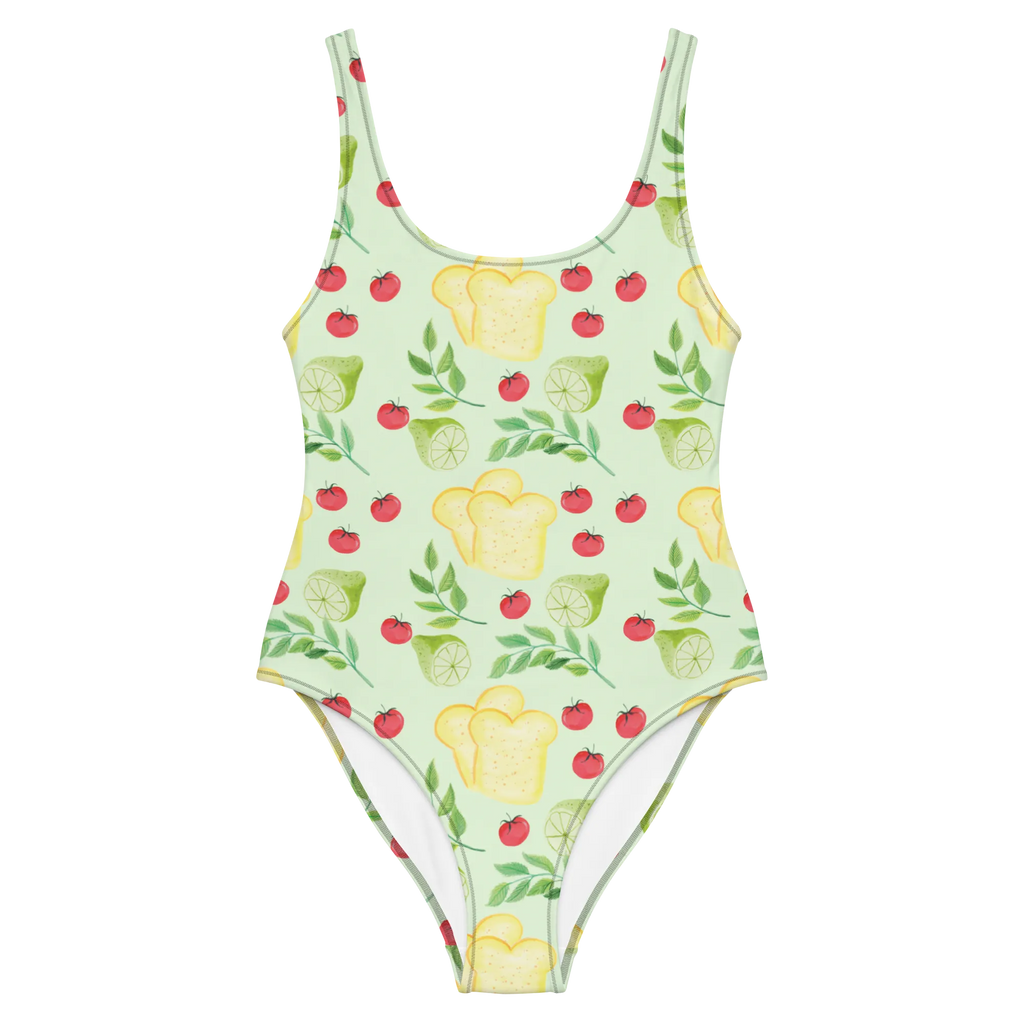 Badeanzug Küchenmagie Design Badebekleidung, Bademode, Badeanzug, Swimsuit, Rückenfreier Badeanzug, Luxus-Bademode, Küchenmuster, Küche, Tomaten, Limette, Kräuter, Toastbrot, Muster, Aquarell, Küchenliebe, Kochen