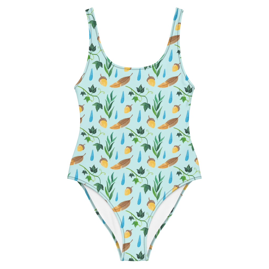 Badeanzug Regentage Design Badebekleidung, Bademode, Badeanzug, Swimsuit, Rückenfreier Badeanzug, Luxus-Bademode, Aquarell, Blätter, Efeu, Eiche, Regentropfen, Wald, Natur