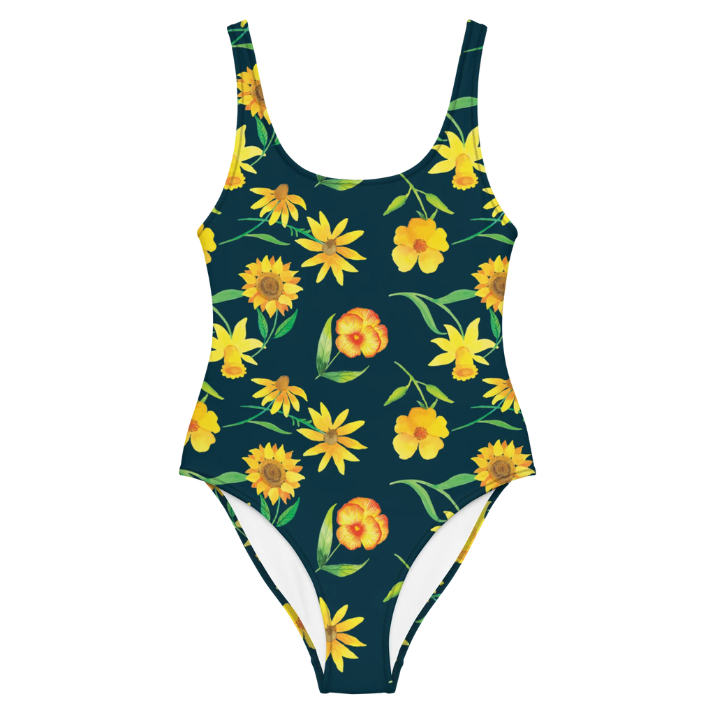 Badeanzug Sonnengruß Design Badebekleidung, Bademode, Badeanzug, Swimsuit, Rückenfreier Badeanzug, Luxus-Bademode, Muster, Blumen, gelbe Blumen, Sonnenblume, Osterglocke