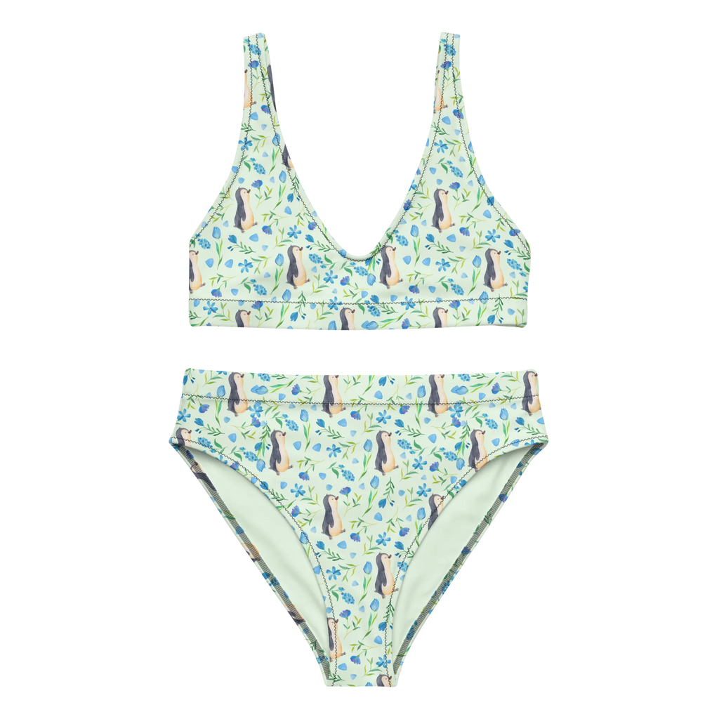 Bikini Pinguinliebe Design Bikini, High Waist Bikini, Bademode, Bikinihose, Bikinioberteil, 2er Set, Zweiteiler, Aquarell, Pinguin, Pinguine, Blumen, Blaue Blumen, Muster