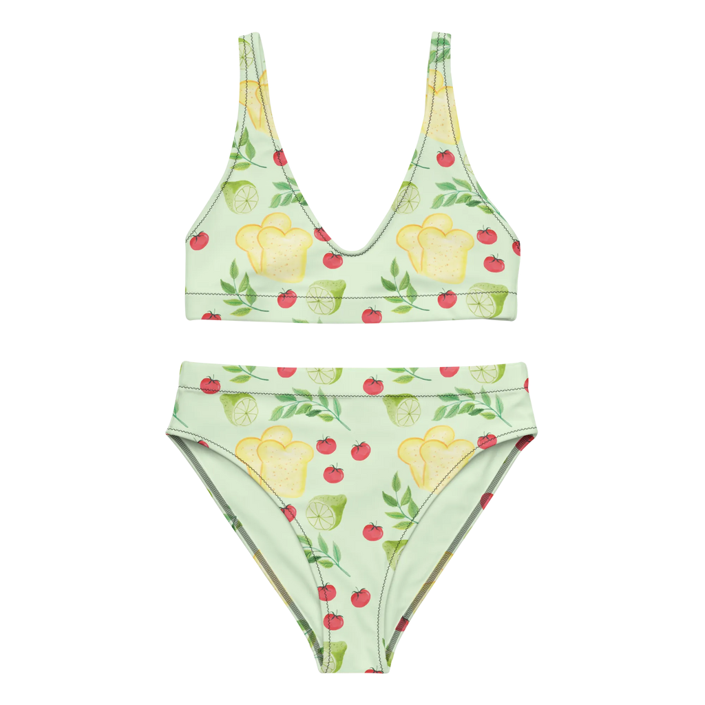 Bikini Küchenmagie Design Bikini, High Waist Bikini, Bademode, Bikinihose, Bikinioberteil, 2er Set, Zweiteiler, Küchenmuster, Küche, Tomaten, Limette, Kräuter, Toastbrot, Muster, Aquarell, Küchenliebe, Kochen