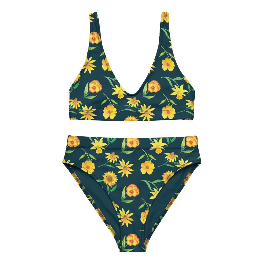 Bikini Sonnengruß Design Bikini, High Waist Bikini, Bademode, Bikinihose, Bikinioberteil, 2er Set, Zweiteiler, Muster, Blumen, gelbe Blumen, Sonnenblume, Osterglocke