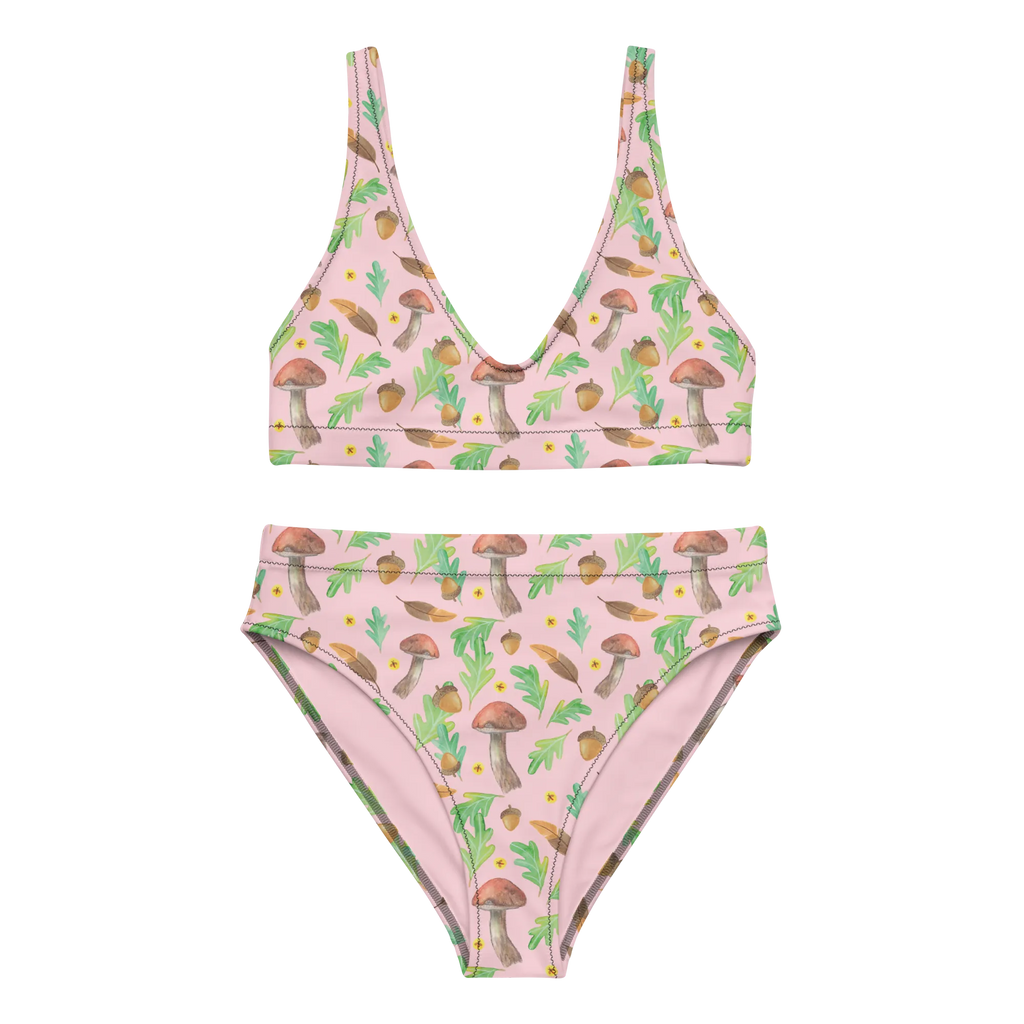 Bikini Waldträume Design Bikini, High Waist Bikini, Bademode, Bikinihose, Bikinioberteil, 2er Set, Zweiteiler, Aquarell, Aquarellmuster, Pilze, Glühwürmchen, Wald, Waldspaziergang, Natur, Laub, Eiche, Blätter