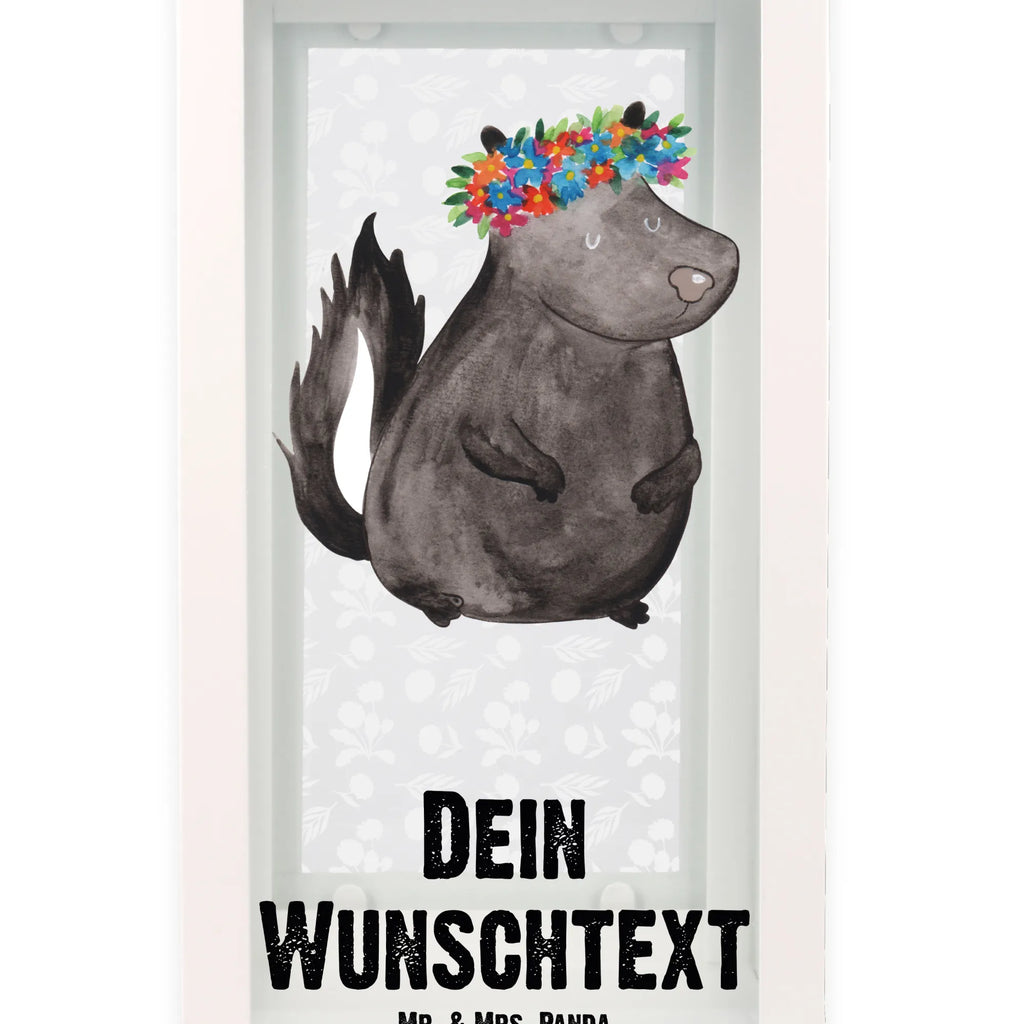 Personalisierte Deko Laterne Stinktier Blumenmaedchen Gartenlampe, Gartenleuchte, Gartendekoration, Gartenlicht, Laterne kleine Laternen, XXL Laternen, Laterne groß, Stinktier, Skunk, Wildtier, Raubtier, Stinker, Stinki, Yoga, Namaste, Lebe, Liebe, Lache