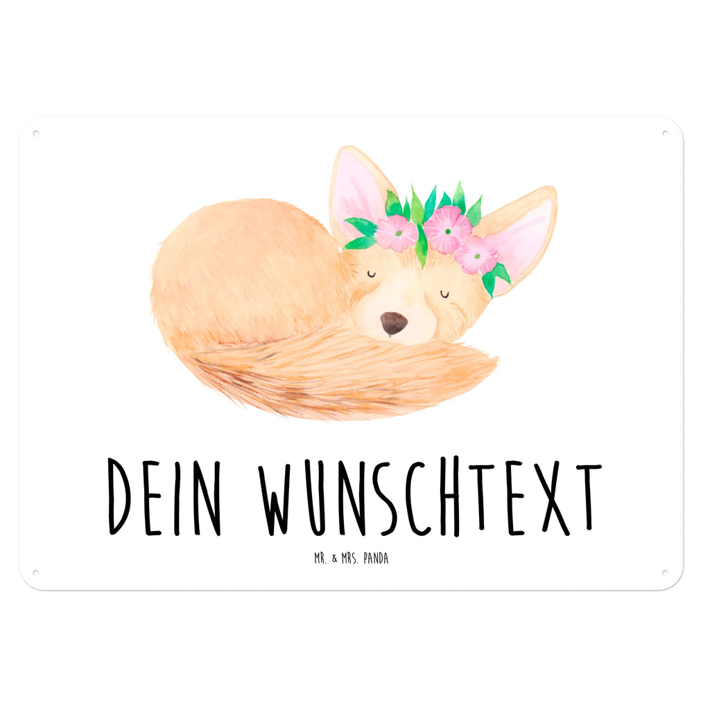 Personalisiertes Blechschild Wüstenfuchs Blumen Blechschild, Metallschild, Geschenk Schild, Schild, Magnet-Metall-Schild, Deko Schild, Wandschild, Wand-Dekoration, Türschild, Afrika, Wildtiere, Wüste, Wüstenfuchs, Blumen, Blumenkranz, Glücklich