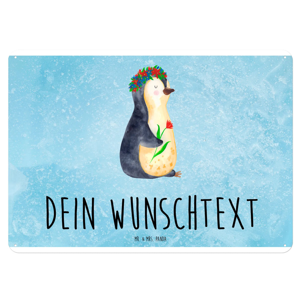 Personalisiertes Blechschild Pinguin Blumenkranz Blechschild, Metallschild, Geschenk Schild, Schild, Magnet-Metall-Schild, Deko Schild, Wandschild, Wand-Dekoration, Türschild, Pinguin, Pinguine, Blumenkranz, Universum, Leben, Wünsche, Ziele, Lebensziele, Motivation, Lebenslust, Liebeskummer, Geschenkidee