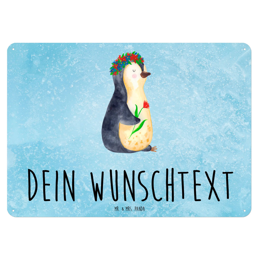 Personalisiertes Blechschild Pinguin Blumenkranz Blechschild, Metallschild, Geschenk Schild, Schild, Magnet-Metall-Schild, Deko Schild, Wandschild, Wand-Dekoration, Türschild, Pinguin, Pinguine, Blumenkranz, Universum, Leben, Wünsche, Ziele, Lebensziele, Motivation, Lebenslust, Liebeskummer, Geschenkidee