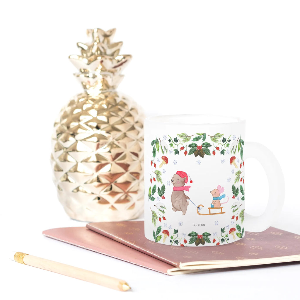 Teetasse Bär Maus Schlitten Teetasse, Teeglas, Teebecher, Tasse mit Henkel, Tasse, Glas Teetasse, Teetasse aus Glas, Winter, Weihnachten, Weihnachtsdeko, Nikolaus, Advent, Heiligabend, Wintermotiv