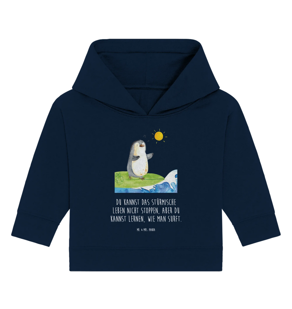 Organic Baby Hoodie Pinguin Surfer Baby Kapuzenshirt, Baby Kapuzensweatshirt, Baby Hoodie, Baby Pullover, Pinguin, Pinguine, surfen, Surfer, Hawaii, Urlaub, Wellen, Wellen reiten, Portugal