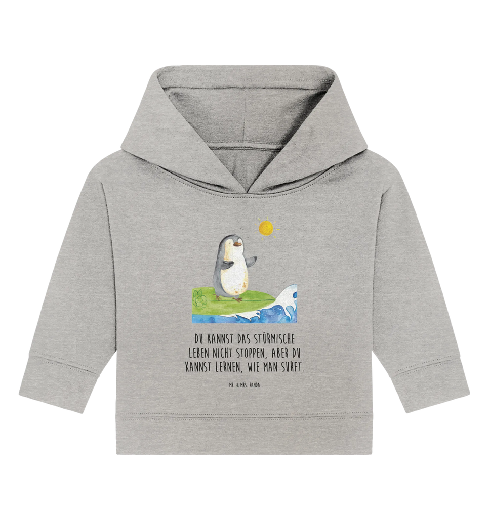 Organic Baby Hoodie Pinguin Surfer Baby Kapuzenshirt, Baby Kapuzensweatshirt, Baby Hoodie, Baby Pullover, Pinguin, Pinguine, surfen, Surfer, Hawaii, Urlaub, Wellen, Wellen reiten, Portugal