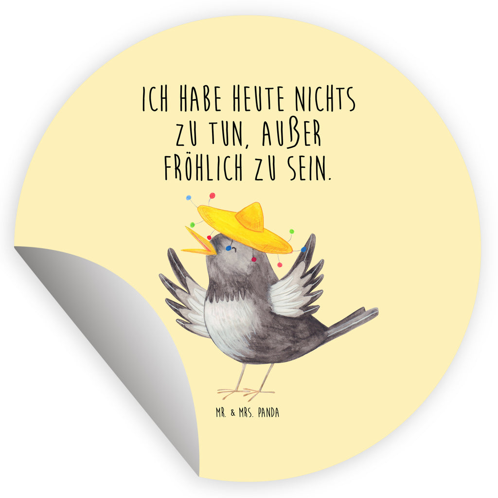 Rund Aufkleber Rabe mit Sombrero Sticker, Aufkleber, Etikett, Kinder, rund, Tiermotive, Gute Laune, lustige Sprüche, Tiere, Rabe, Vogel, Vögel, Spruch positiv, fröhlich sein, glücklich sein, Glück Spruch, froh, Elster, Motivation