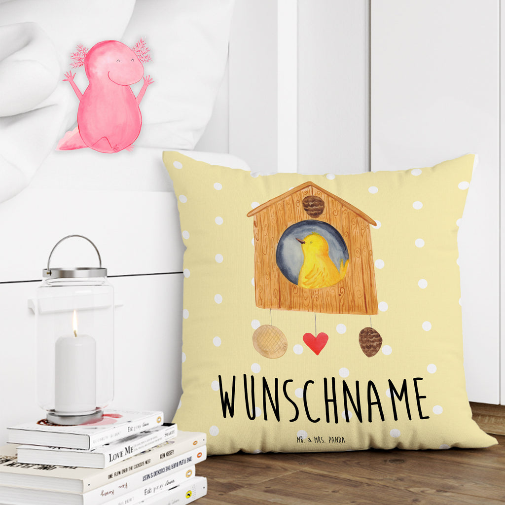 Personalisiertes Kissen Vogelhaus sweet Home Kissen, personalisiert, Name, Wunschname, bedrucken, Kopfkissen, Tiermotive, Gute Laune, lustige Sprüche, Tiere, Vogelhaus, Vogel, Home sweet Home, Einzug, Umzug, Geschenk, Einzugsgeschenk, Hausbau, Haus