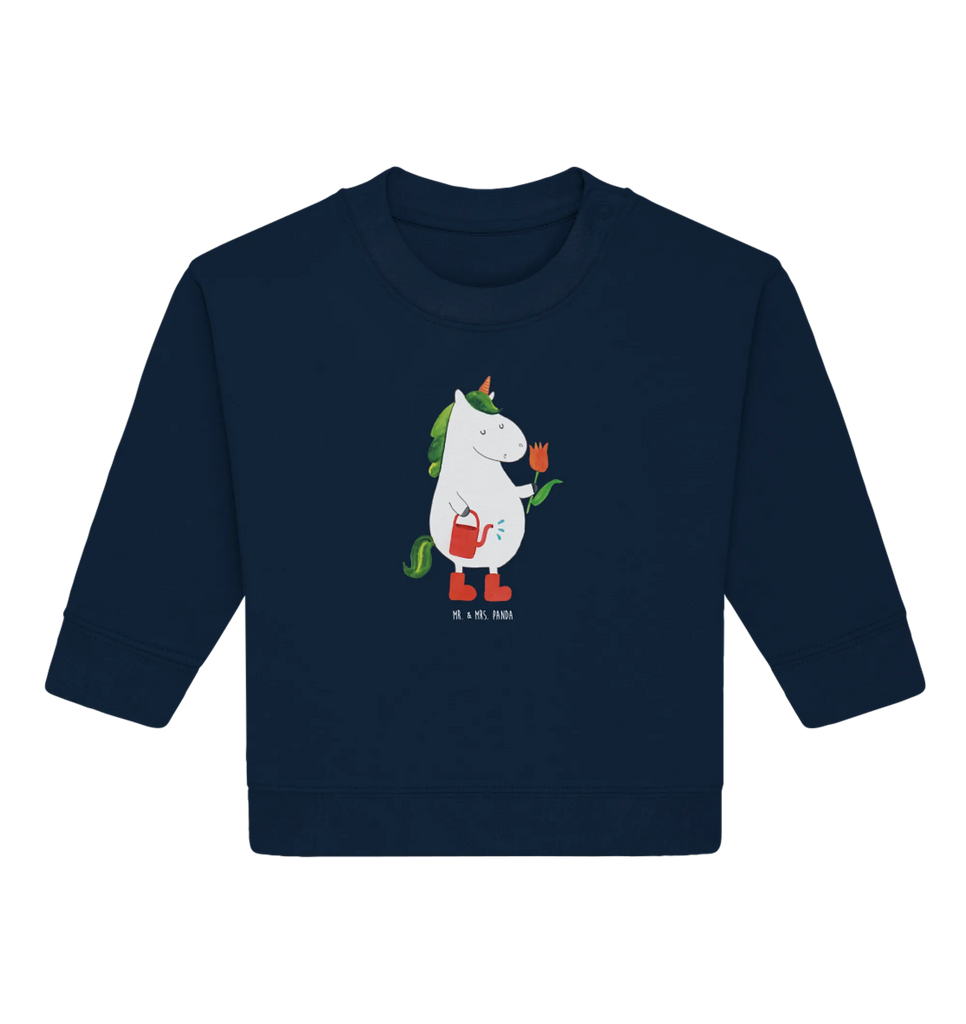 Organic Baby Pullover Einhorn Gärtner Baby Bullover, Baby Sweatshirt, Einhorn, Einhörner, Einhorn Deko, Pegasus, Unicorn, Luftballon, Gießkanne, Giesskanne, Lebenslust, Freude, Blume, Freundin, Garten, Stiefel