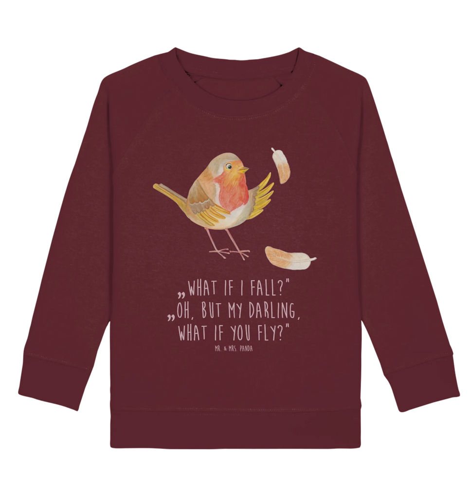 Organic Kinder Pullover Rotkehlchen mit Federn Kinder Pullover, Kinder Sweatshirt, Jungen, Mädchen, Tiermotive, Gute Laune, lustige Sprüche, Tiere, What if i fall, Rotkehlchen, Spruch Motivation, Spruch Mut, Vogel, Motivation Sprüche, Motivationsbilder, fliegen