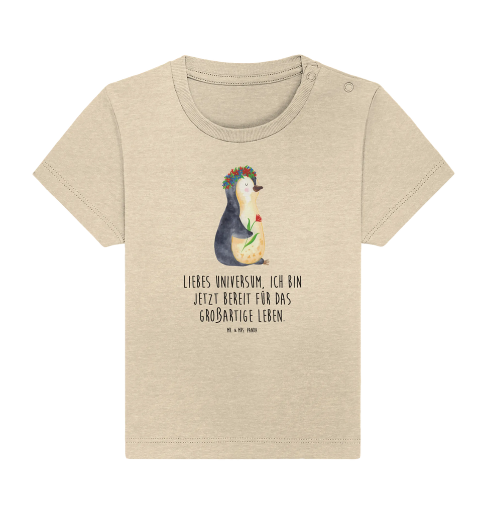 Organic Baby Shirt Pinguin Blumen Baby T-Shirt, Jungen Baby T-Shirt, Mädchen Baby T-Shirt, Shirt, Pinguin, Pinguine, Blumenkranz, Universum, Leben, Wünsche, Ziele, Lebensziele, Motivation, Lebenslust, Liebeskummer, Geschenkidee