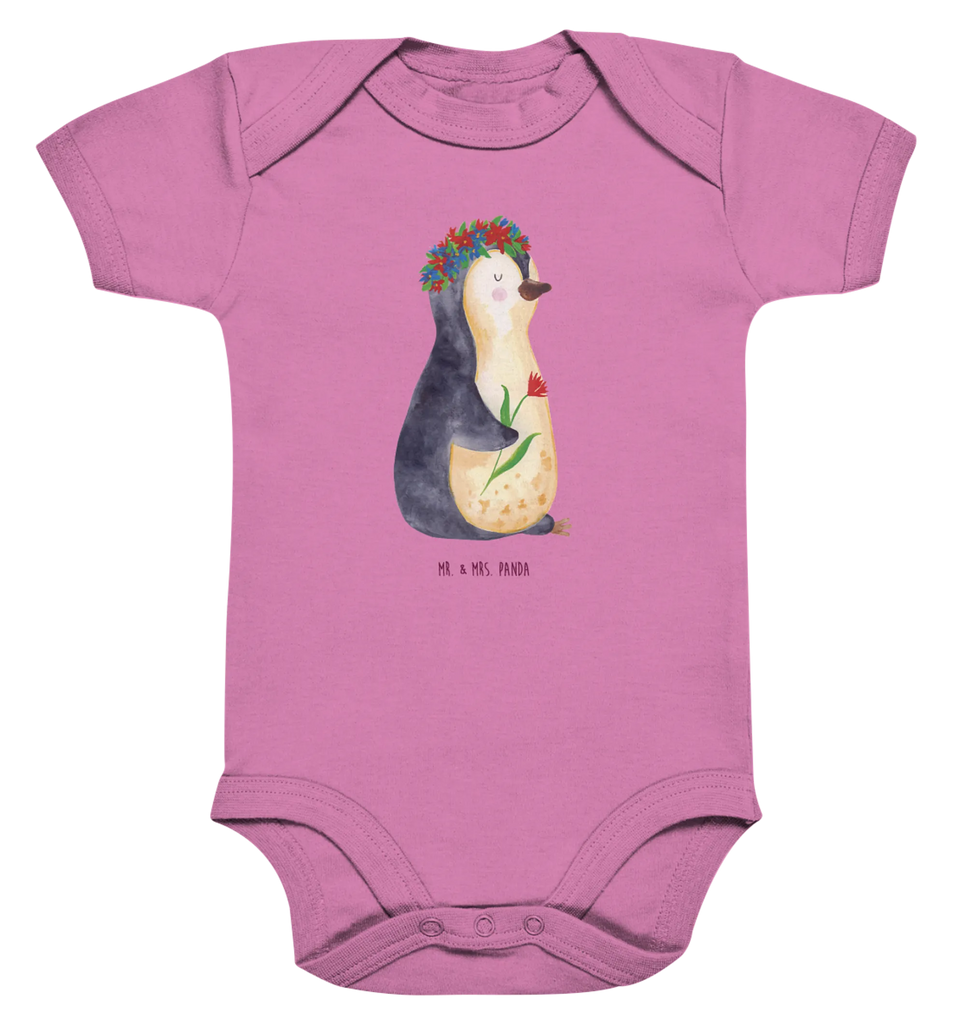 Organic Baby Body Pinguin Blumen Babykleidung, Babystrampler, Strampler, Wickelbody, Baby Erstausstattung, Junge, Mädchen, Pinguin, Pinguine, Blumenkranz, Universum, Leben, Wünsche, Ziele, Lebensziele, Motivation, Lebenslust, Liebeskummer, Geschenkidee