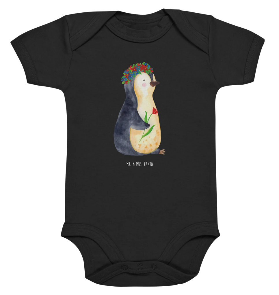 Organic Baby Body Pinguin Blumen Babykleidung, Babystrampler, Strampler, Wickelbody, Baby Erstausstattung, Junge, Mädchen, Pinguin, Pinguine, Blumenkranz, Universum, Leben, Wünsche, Ziele, Lebensziele, Motivation, Lebenslust, Liebeskummer, Geschenkidee