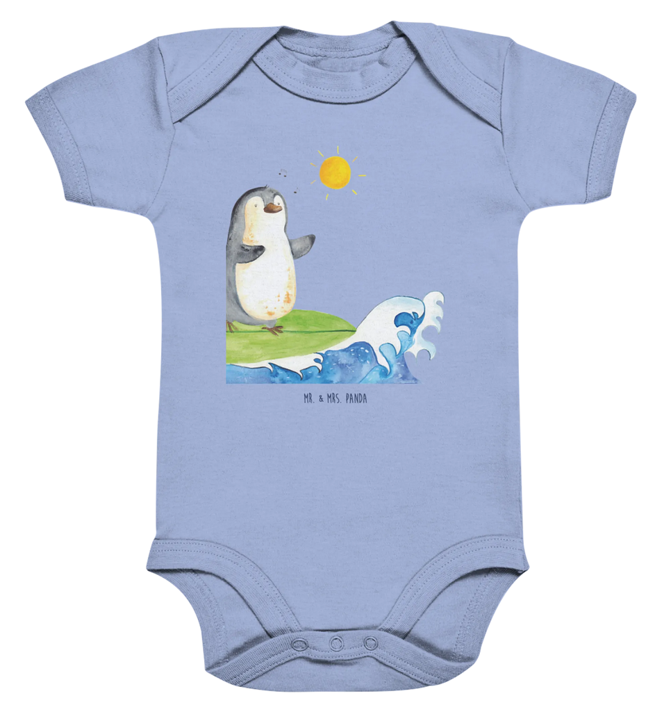 Organic Baby Body Pinguin Surfer Babykleidung, Babystrampler, Strampler, Wickelbody, Baby Erstausstattung, Junge, Mädchen, Pinguin, Pinguine, surfen, Surfer, Hawaii, Urlaub, Wellen, Wellen reiten, Portugal