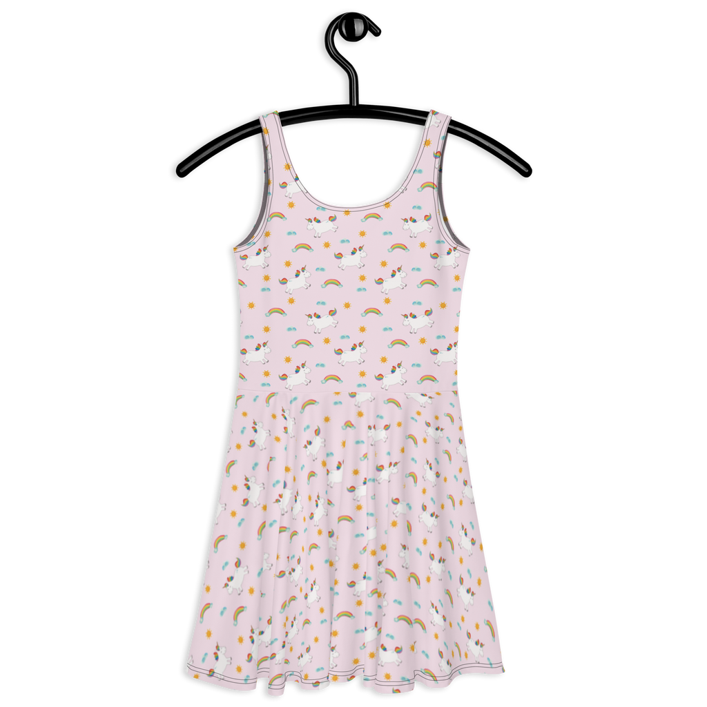 Sommerkleid Einhorn Happy Muster Sommerkleid, Kleid, Skaterkleid, Einhorn, Einhörner, Einhorn Deko, Pegasus, Unicorn, glücklich, fröhlich, Spaß, Freude, Lebensfreude, witzig, spannend, Lächeln, Lachen