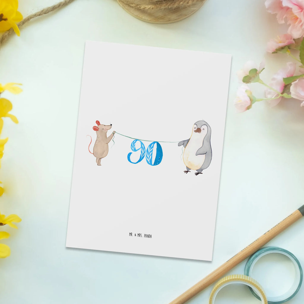 Postkarte 90. Geburtstag Maus Pinguin Postkarte, Karte, Geschenkkarte, Grußkarte, Einladung, Ansichtskarte, Geburtstagskarte, Einladungskarte, Dankeskarte, Ansichtskarten, Einladung Geburtstag, Einladungskarten Geburtstag, Geburtstag, Geburtstagsgeschenk, Geschenk, Party, Feiern, Torte, Kuchen