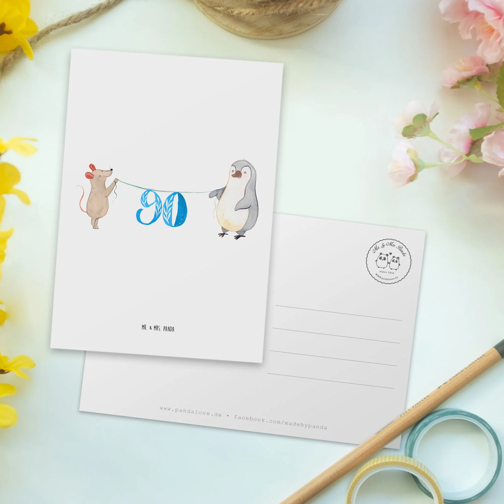 Postkarte 90. Geburtstag Maus Pinguin Postkarte, Karte, Geschenkkarte, Grußkarte, Einladung, Ansichtskarte, Geburtstagskarte, Einladungskarte, Dankeskarte, Ansichtskarten, Einladung Geburtstag, Einladungskarten Geburtstag, Geburtstag, Geburtstagsgeschenk, Geschenk, Party, Feiern, Torte, Kuchen